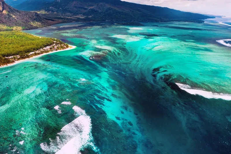 Aerial view underwater waterfall illusion Mauritius